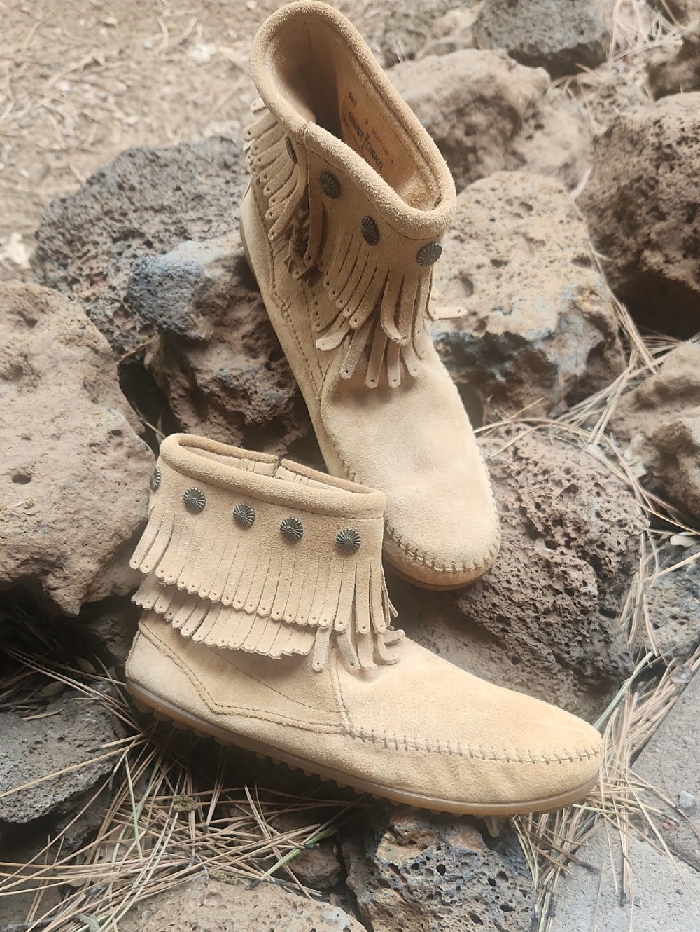 Minnetonka Tan Suede Fringe Moccasin Boots with Stud Accents